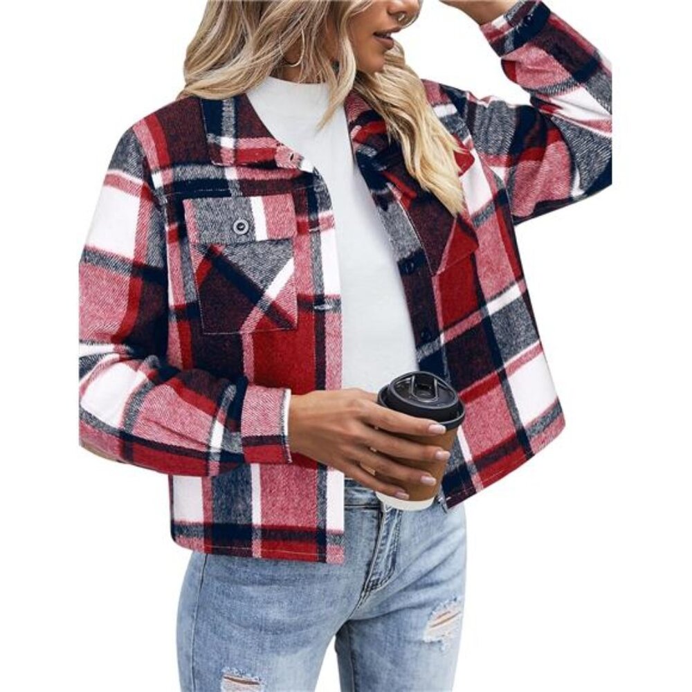 Women Cropped Shacket Jacket Fashion Plaid Button Down Shirt Fall Coat‎ Tops